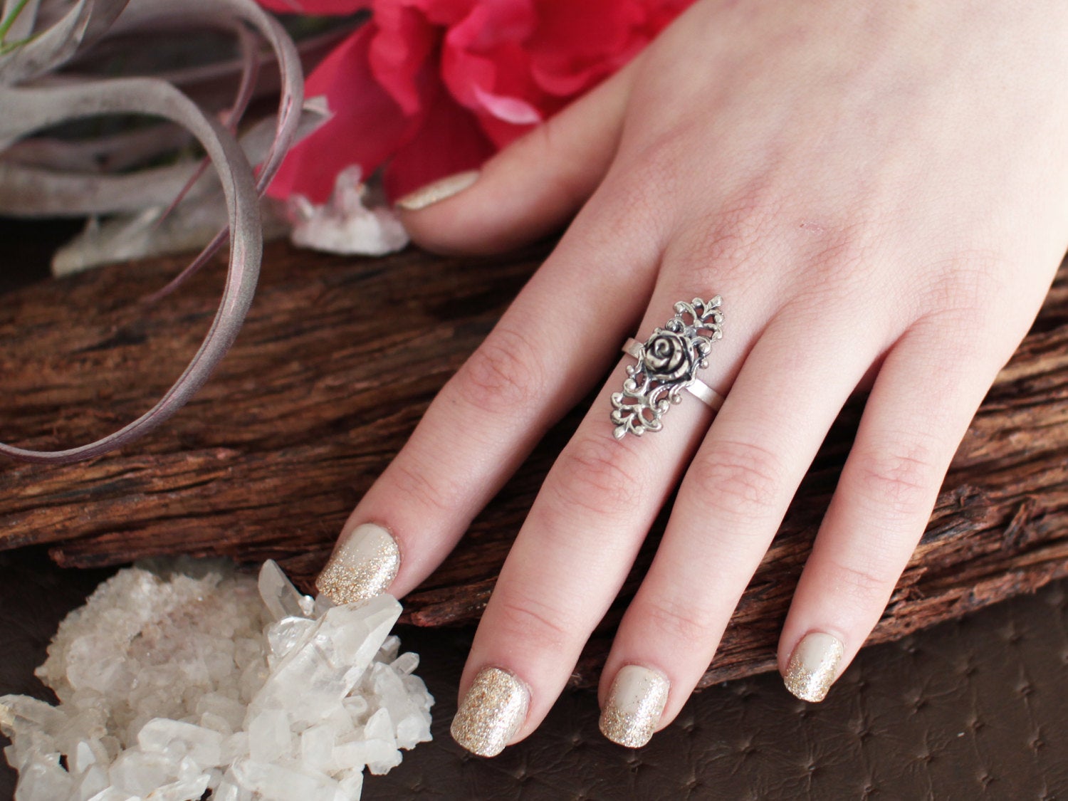 Silver Gothic Rose Ring with Lace-Ring-Inchoo Bijoux-Inchoo Bijoux