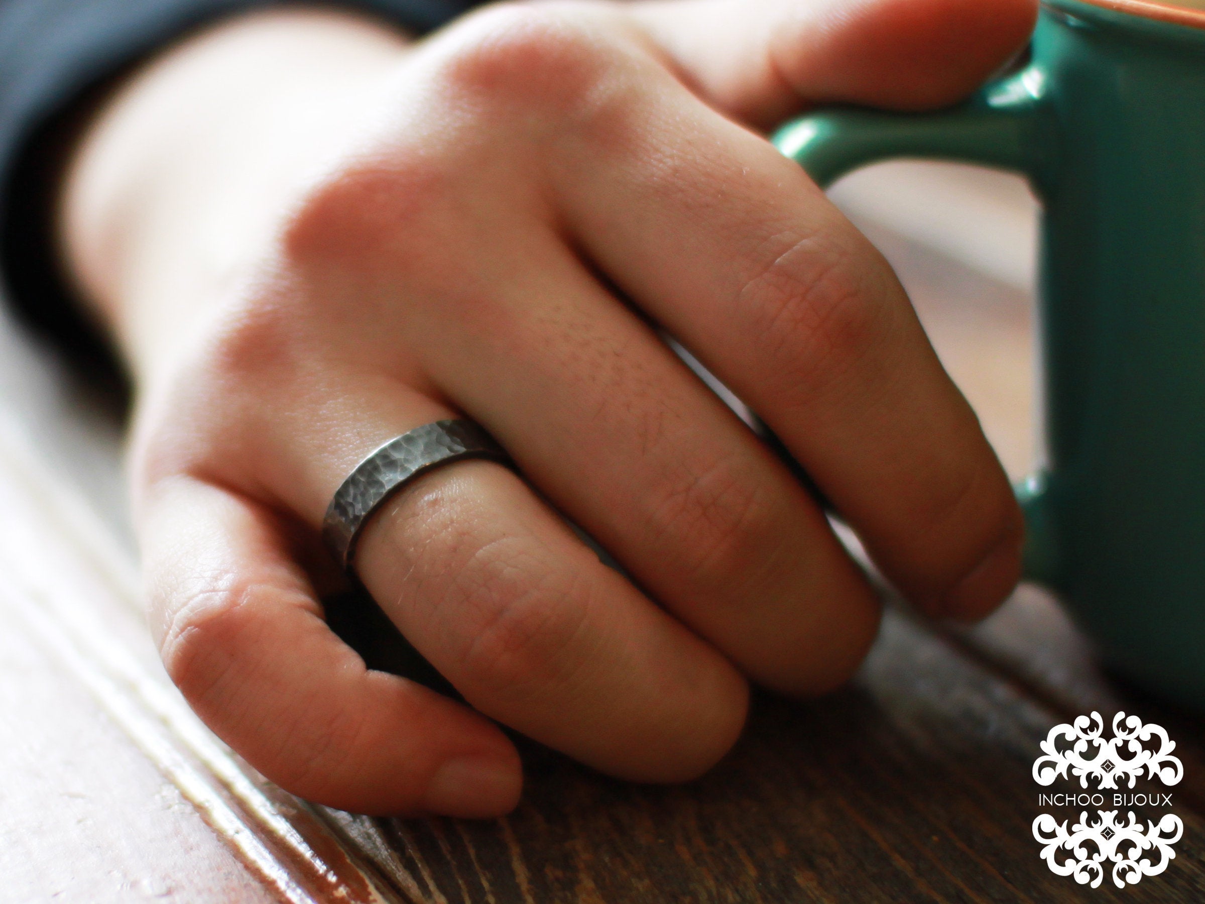 Hammered Textured Silver Mens Wedding Band - Inchoo Bijoux