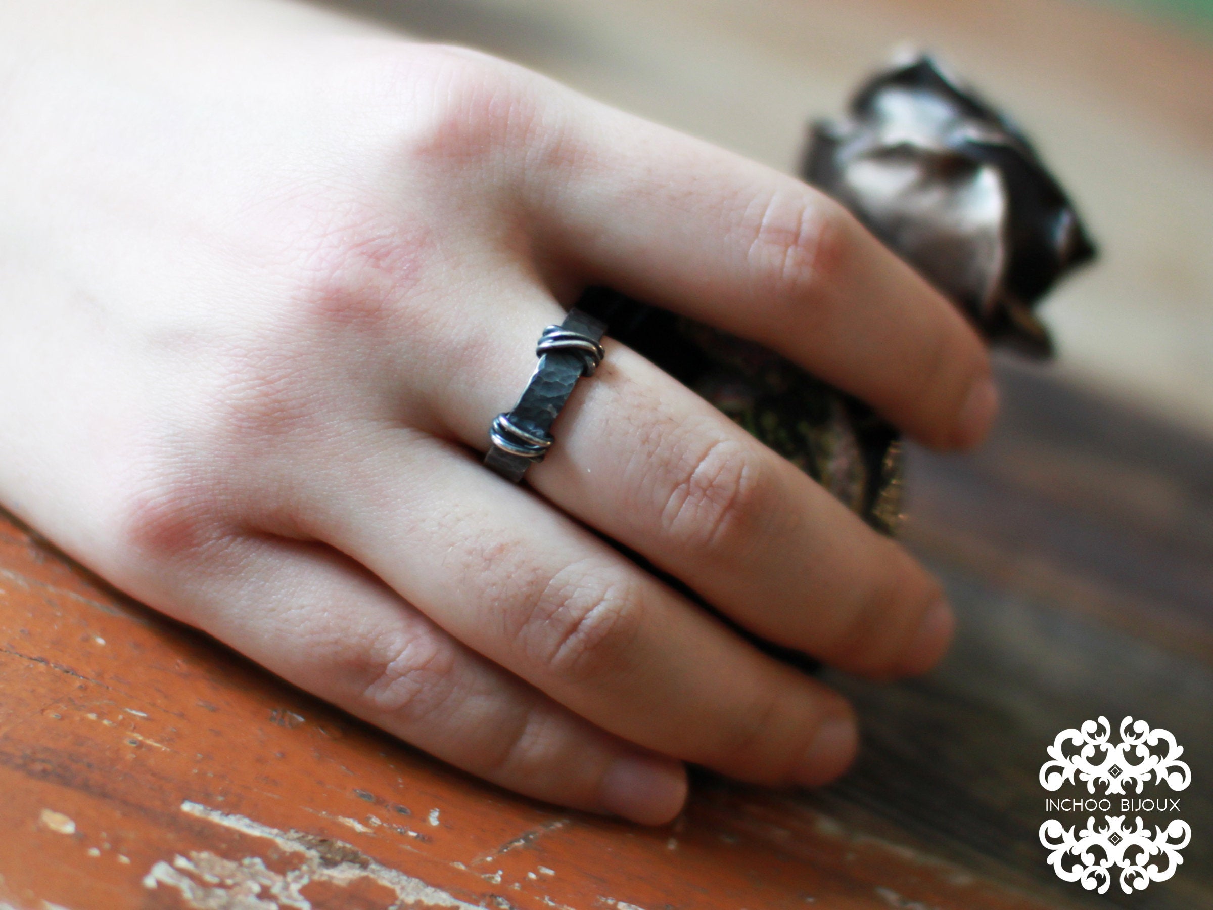 5mm Hammered Silver Mens Wedding Band Ring - Inchoo Bijoux