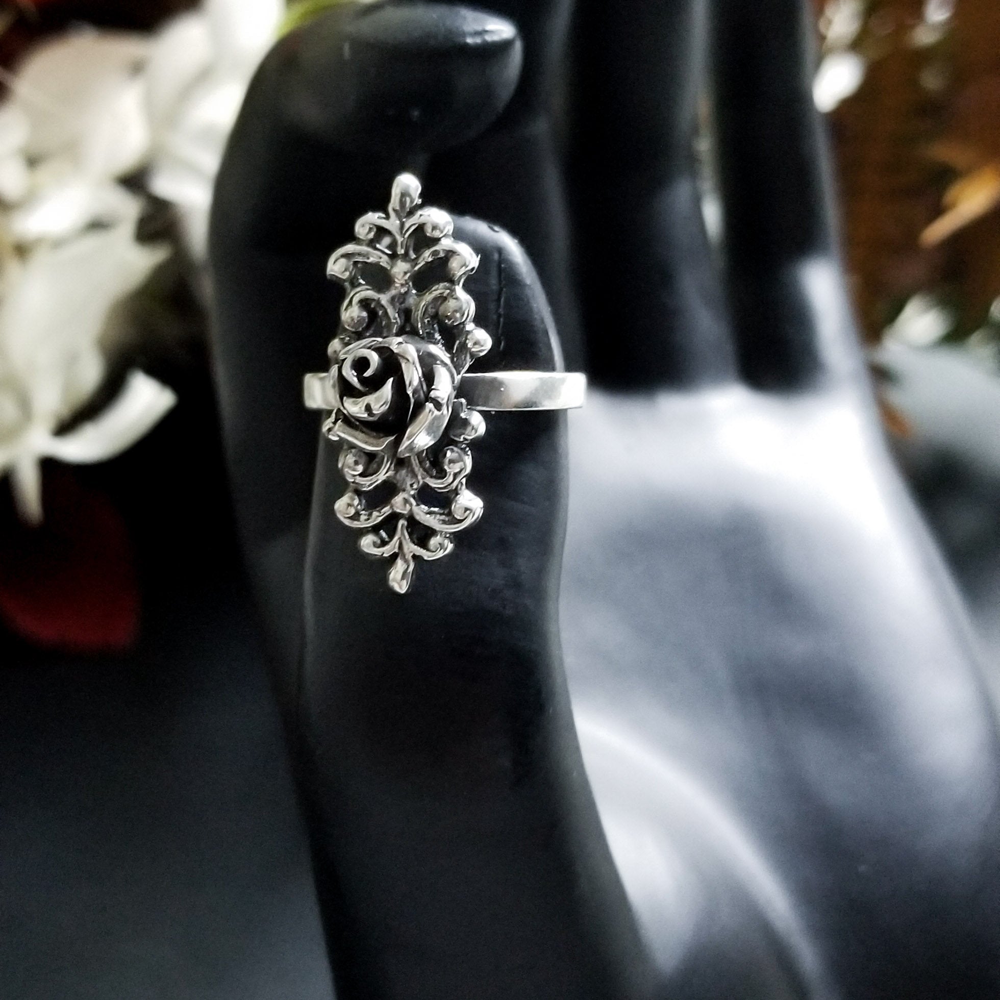 Silver Gothic Rose Ring with Lace - Inchoo Bijoux