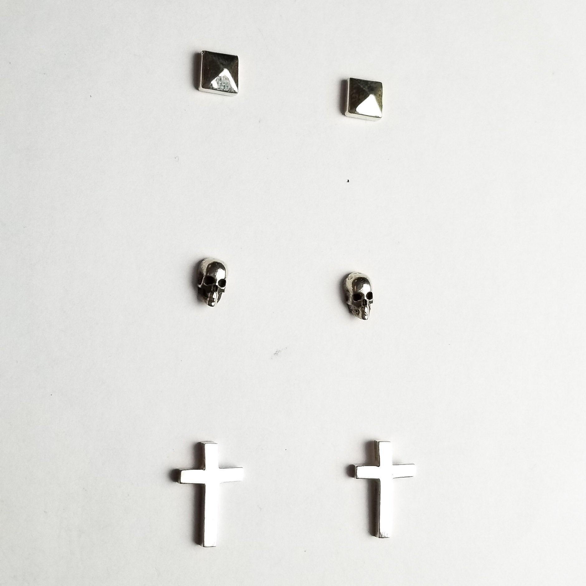 Set of 3 Pairs of Earrings #4 - Skull, Cross & Pyramid Studs - Inchoo Bijoux