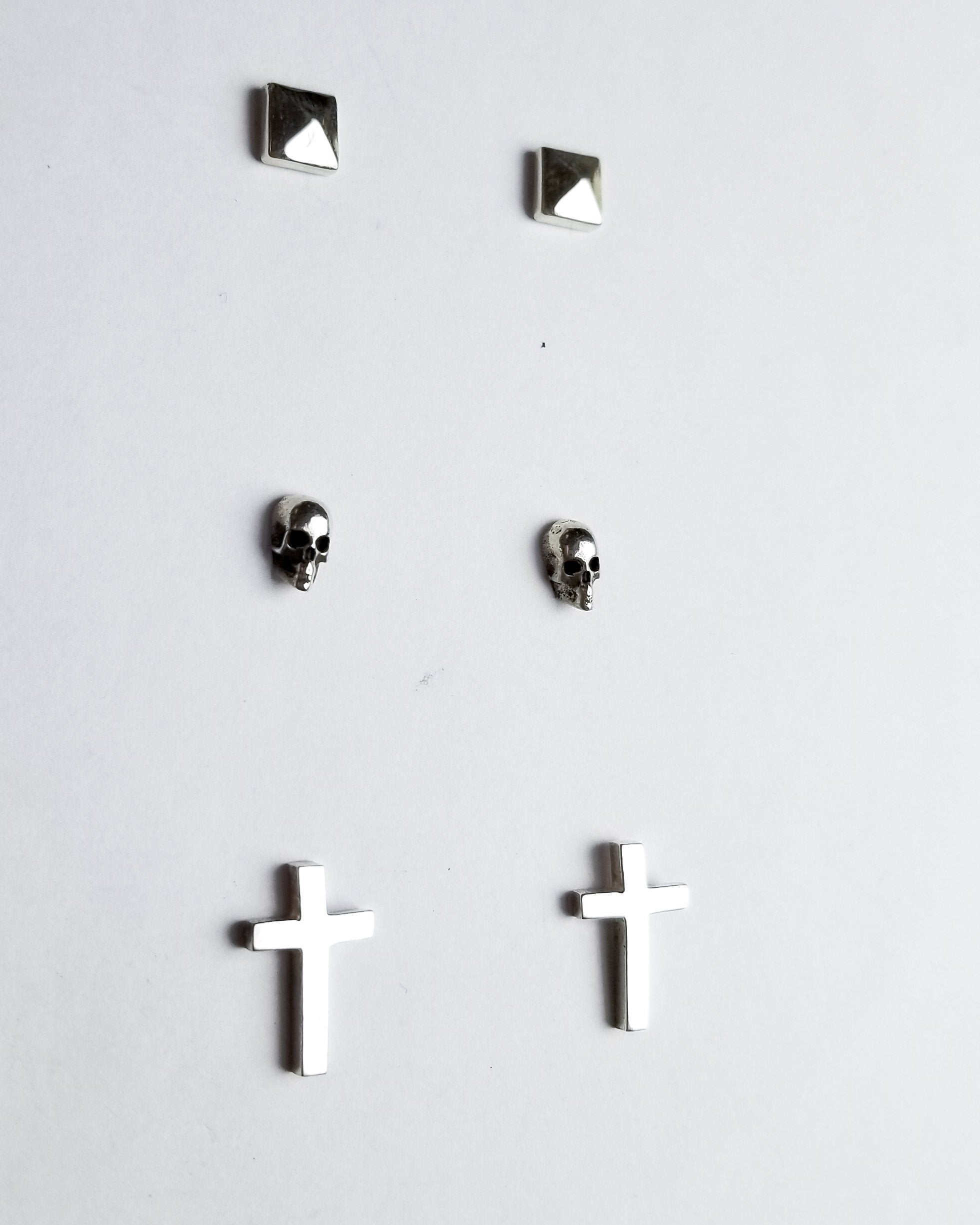 Set of 3 Pairs of Earrings #4 - Skull, Cross & Pyramid Studs - Inchoo Bijoux