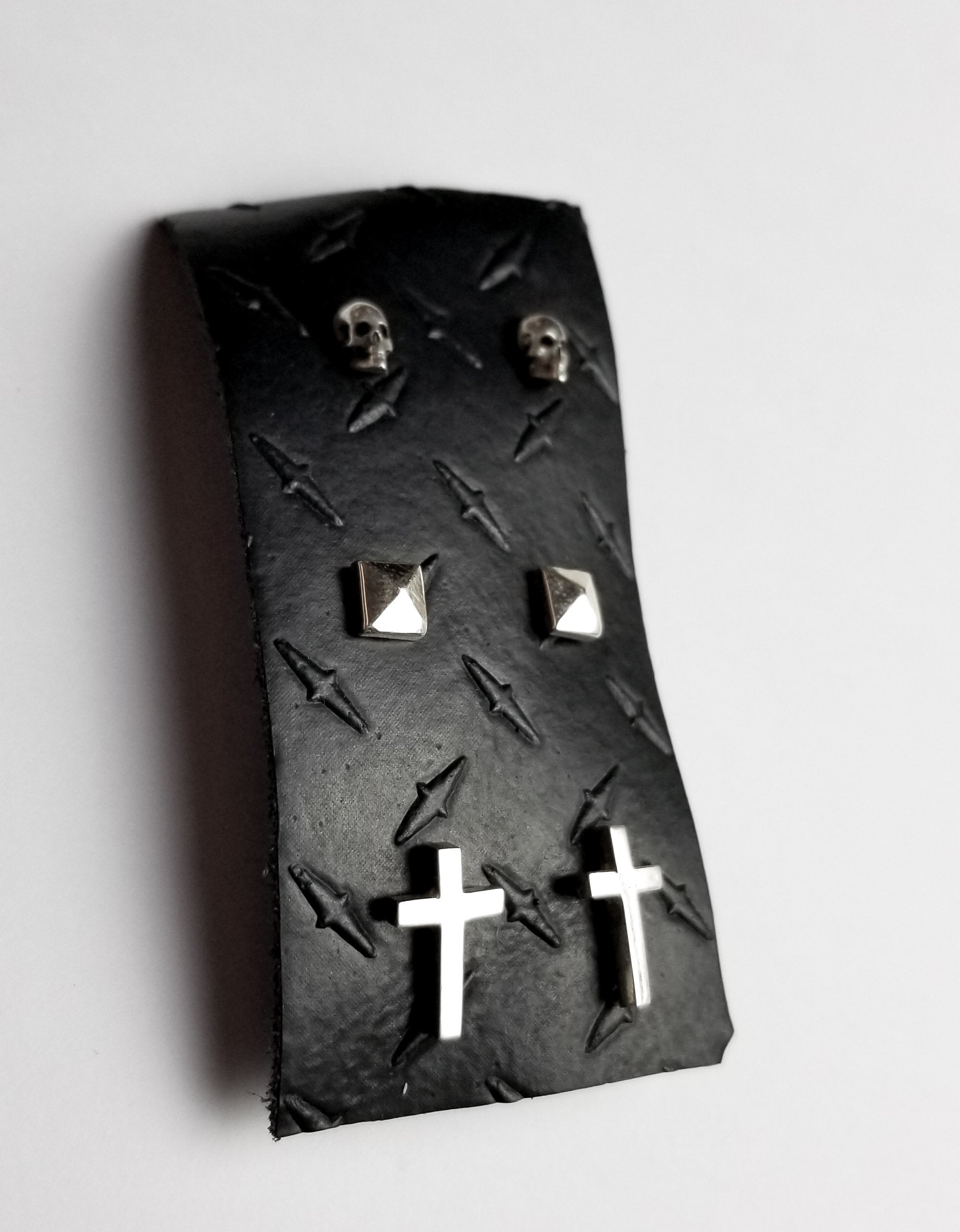 Set of 3 Pairs of Earrings #4 - Skull, Cross & Pyramid Studs - Inchoo Bijoux