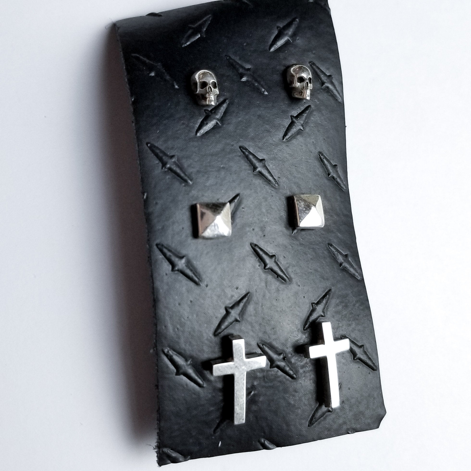Set of 3 Pairs of Earrings #4 - Skull, Cross & Pyramid Studs - Inchoo Bijoux
